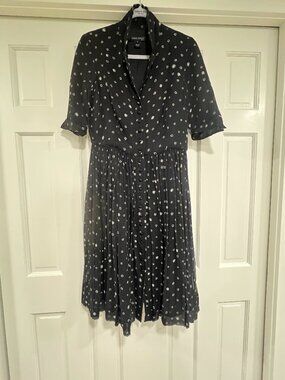 Anne Klein Pleated Shirt Dress | Black & Silver Metallic Dot | Size 10 / M